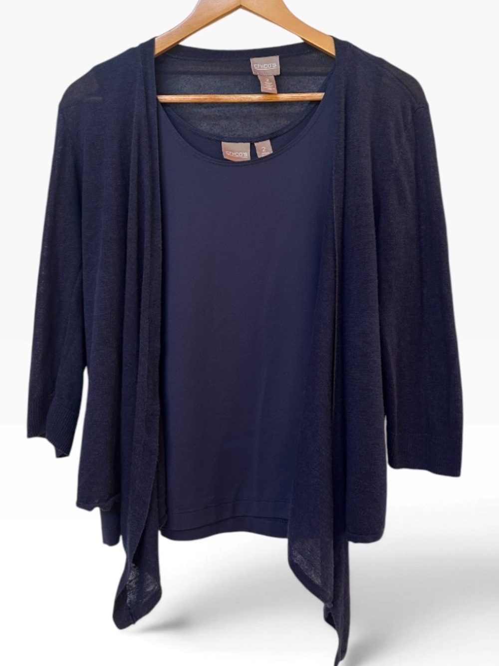 Chicos Womens Size 2 L Navy Blue 2 Piece Cardigan Tank Set Drape Layering 💙